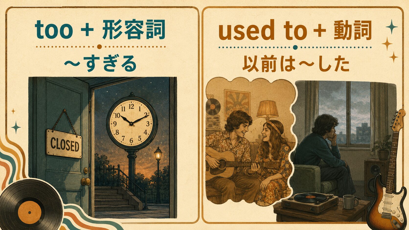 tooとused toの意味を過去と現在の対比で示す英語学習イラスト