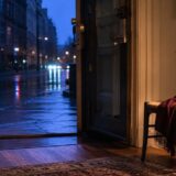 雨上がりの街へ開いた扉と椅子に残された赤いストール