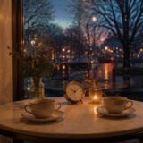 夕暮れのカフェで向かい合う二つのカップ
