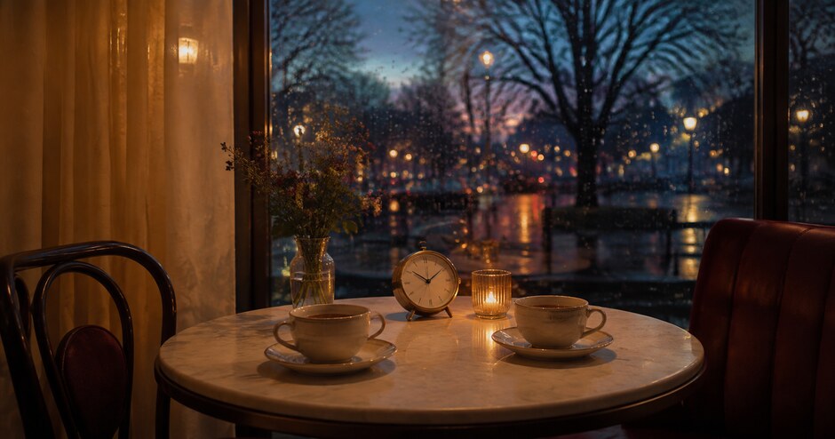 夕暮れのカフェで向かい合う二つのカップ