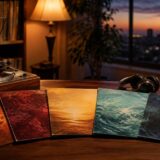 夕暮れの音楽室に並ぶ五色のレコードジャケットとプレーヤー