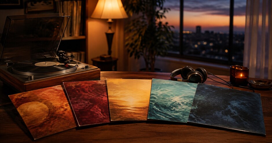 夕暮れの音楽室に並ぶ五色のレコードジャケットとプレーヤー