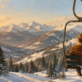 雪山のチェアリフトからロッキー山脈を眺める人物を描いたAnnie's Songのイメージ