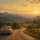夕暮れのアパラチア山脈を故郷へ向かって走る車とカントリーロード