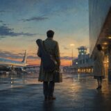夜明け前の空港で飛行機へ向かうギターを背負った旅人と見送る人
