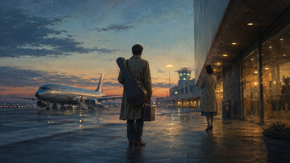 夜明け前の空港で飛行機へ向かうギターを背負った旅人と見送る人