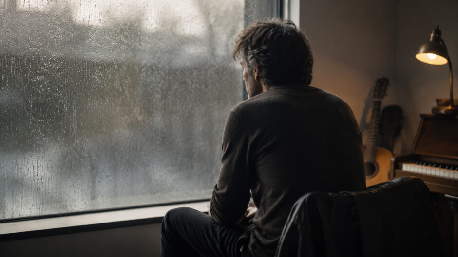 雨の窓辺で後悔を抱えて座る男性を描いたJealous Guy英語学習記事のイメージ