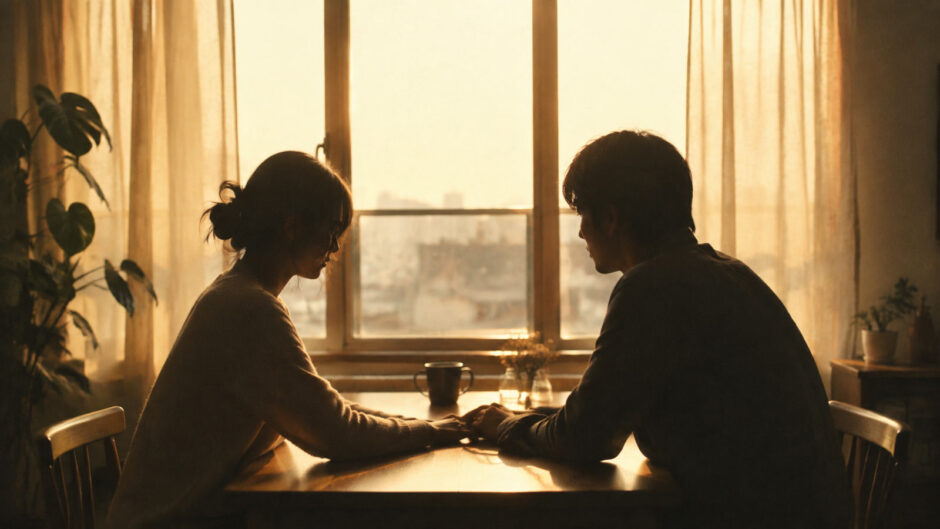 朝日の差す部屋で向き合う男女を描いたジョン・レノン「Love」英語学習記事のイメージ