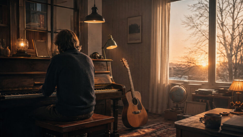朝日の差す音楽室でピアノに向かう人物を描いたジョン・レノン名曲5選の英語学習記事イメージ