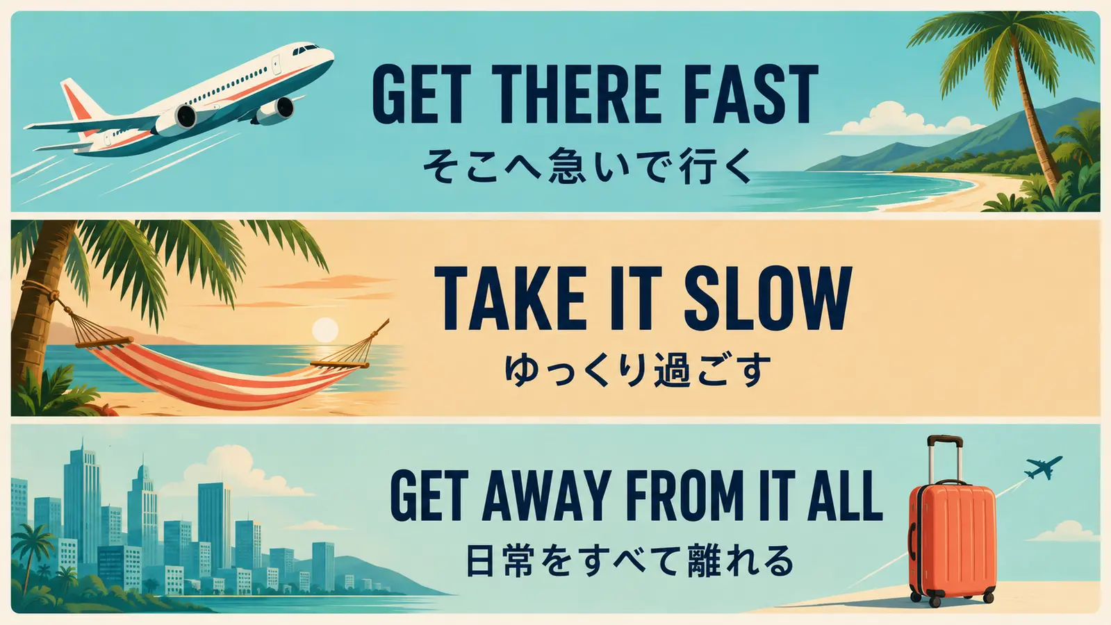 Get There Fast・Take It Slow・Get Away From It Allの意味を示す旅行英語図解