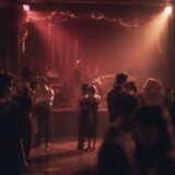 1980年代風のダンスホールで互いを見つめる二人とスローダンスを踊る人々