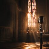 ステンドグラスから光が差す礼拝堂風の音楽室に置かれたヴィンテージマイク