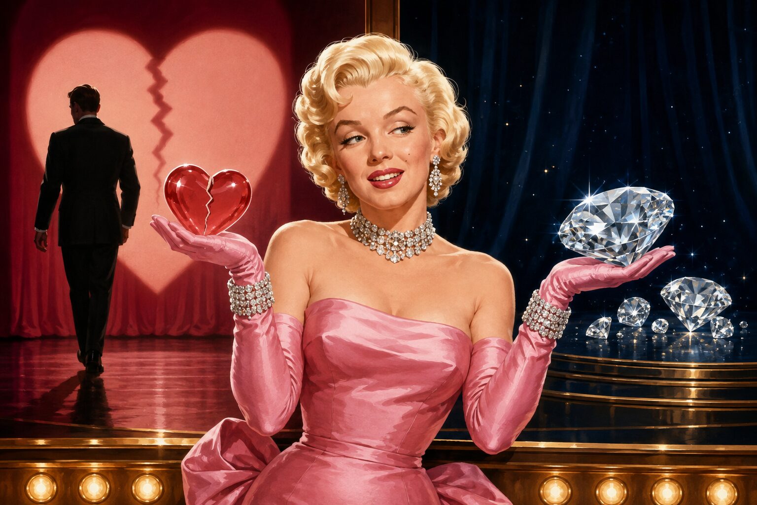 マリリン・モンローが壊れたハートと輝くダイヤを比べるDiamonds Are a Girl’s Best Friendの意味を表すイラスト