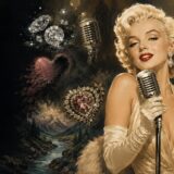 ダイヤモンドやハート、河を背景に歌うマリリン・モンロー風の歌手を描いた名曲5選で英語学習のアイキャッチ