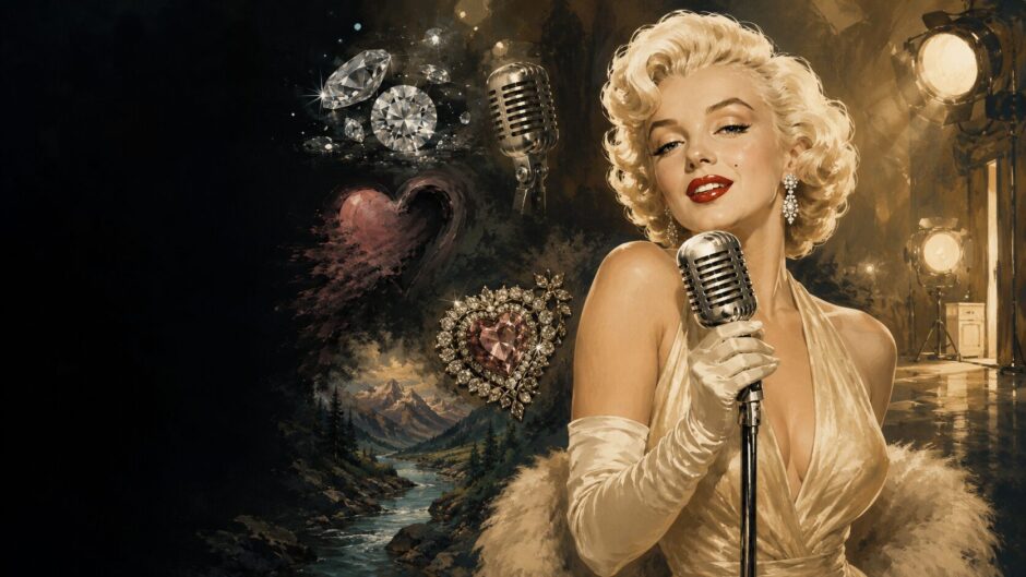 ダイヤモンドやハート、河を背景に歌うマリリン・モンロー風の歌手を描いた名曲5選で英語学習のアイキャッチ