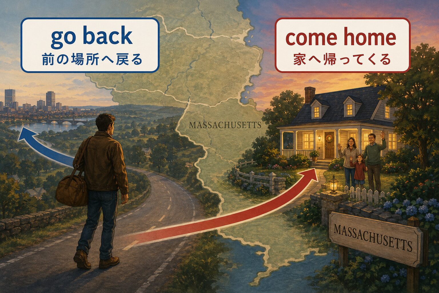 go backは前の場所へ戻る、come homeは家へ帰ってくる違いを示すイラスト
