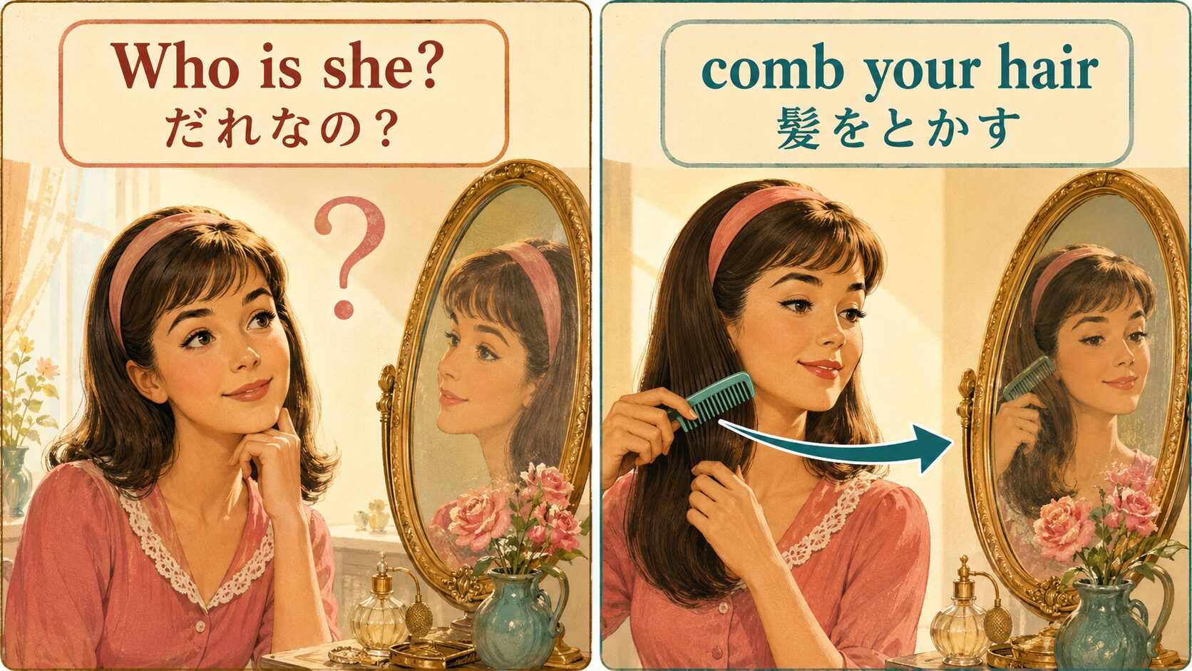 Who is sheは人について尋ね、comb your hairは髪をとかすことを示す英語学習イラスト