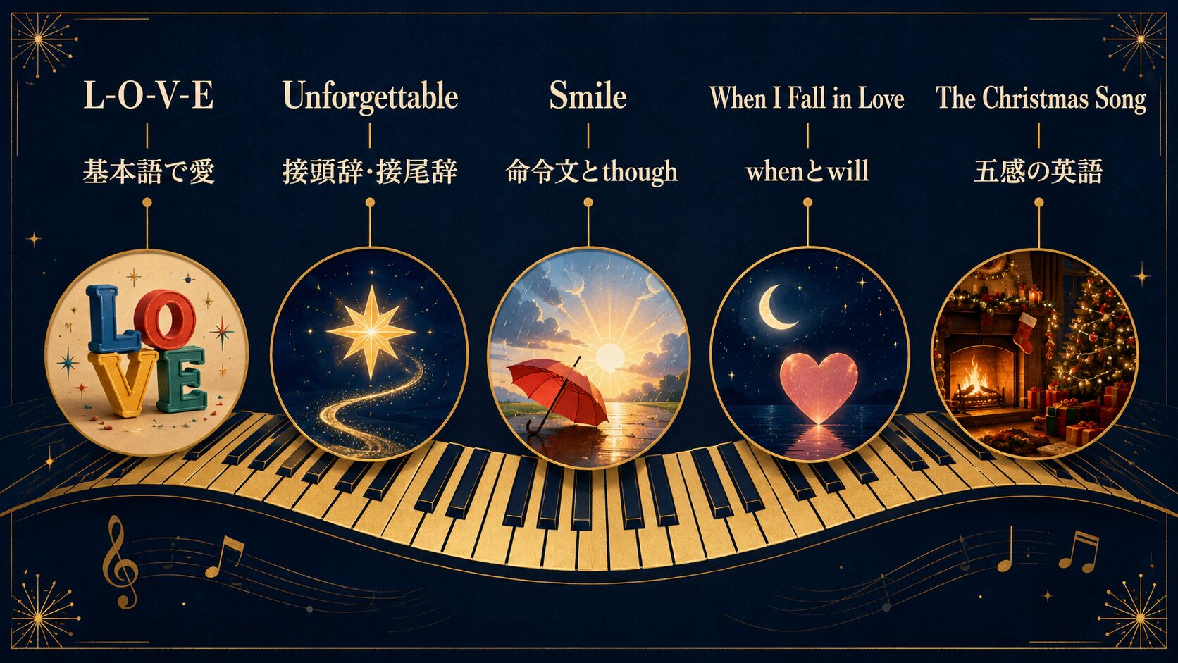 L-O-V-EからThe Christmas Songまで5曲の英語学習テーマを示すマップ