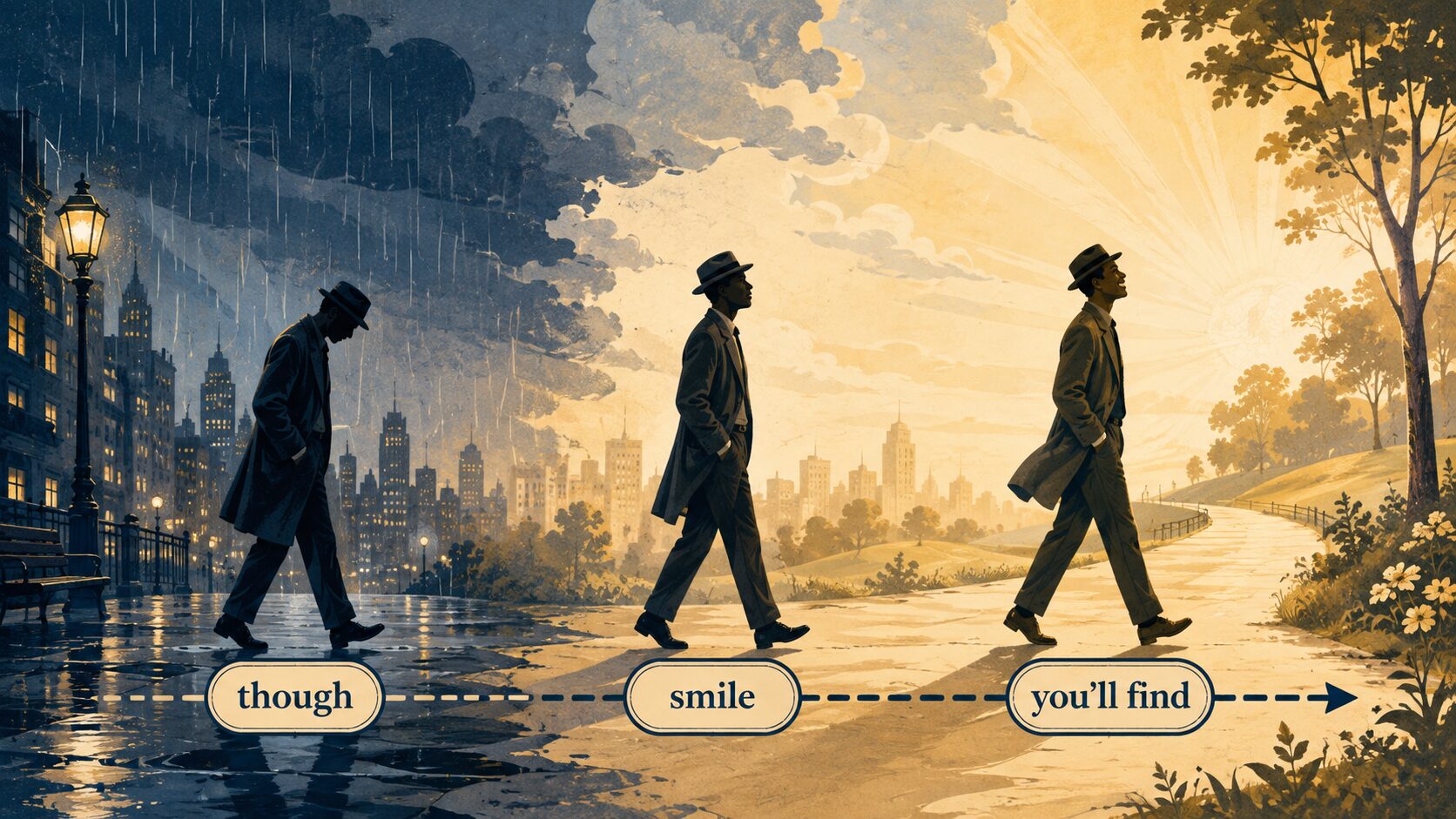 雨のthoughから笑顔のsmileを経て光のyou’ll findへ進むイラスト