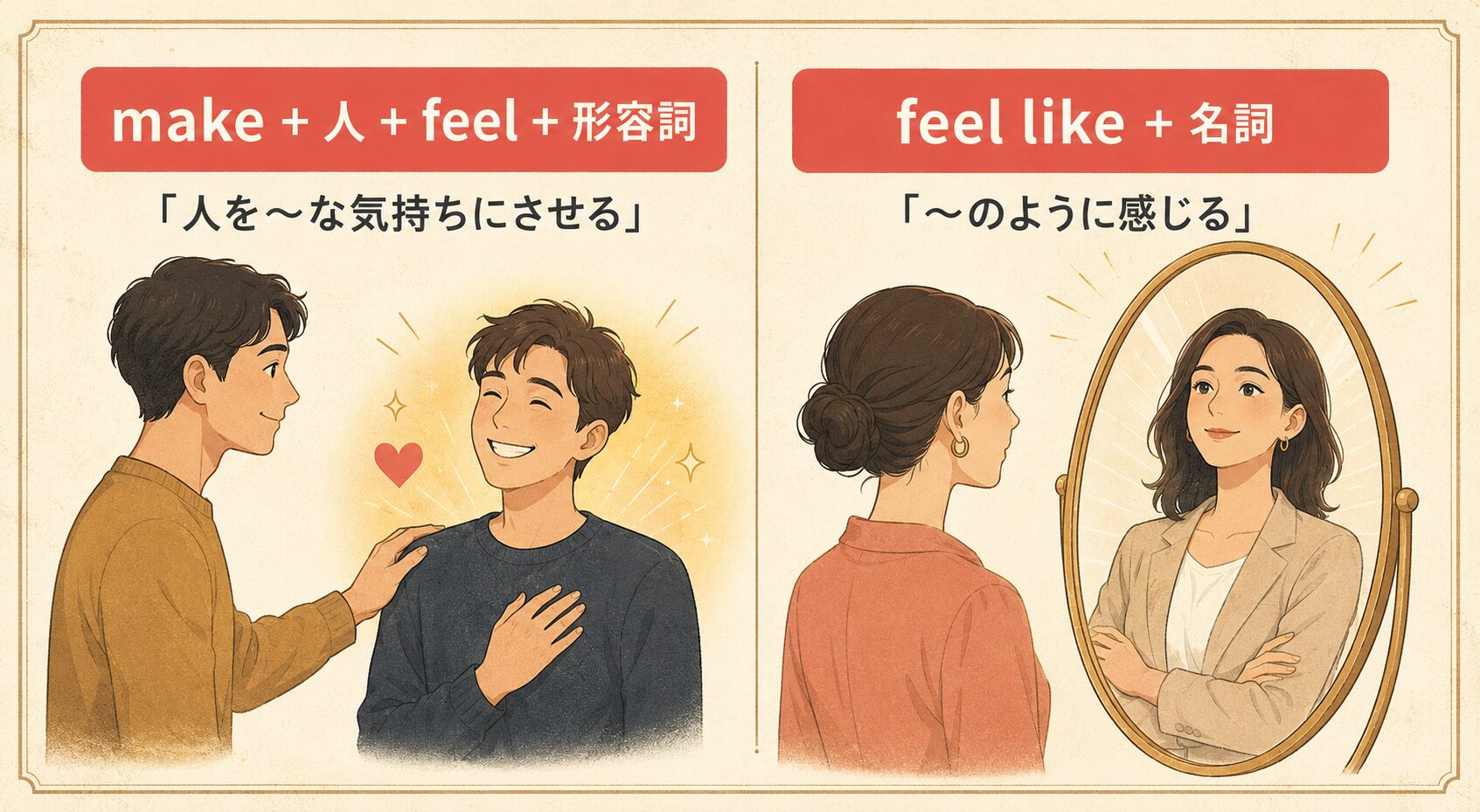 make+人+feel+形容詞とfeel like+名詞の違いを表す英語学習イラスト