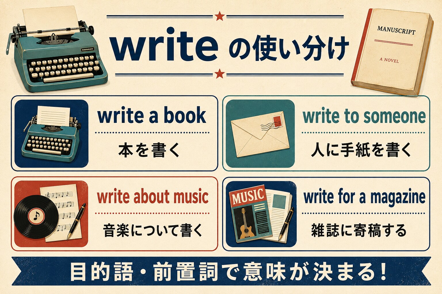 write a book、write to someone、write about music、write for a magazineの使い分け