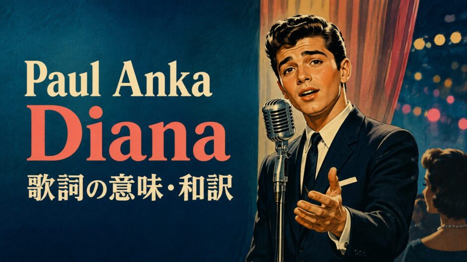1950年代の舞台で歌う若い男性歌手とPaul Anka Diana歌詞の意味・和訳の文字を描いたアイキャッチ