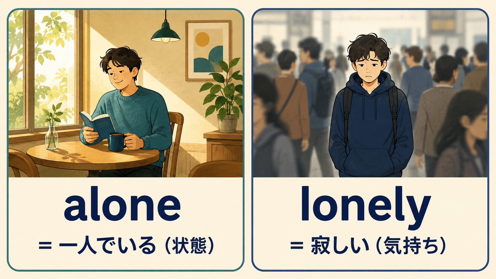 aloneは一人でいる状態、lonelyは寂しい気持ちを表す英語図解