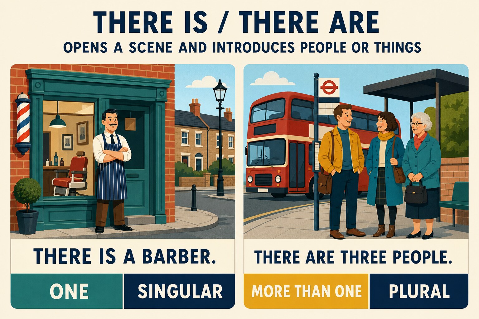 There is a barberとThere are three peopleの違いを示す英語学習図