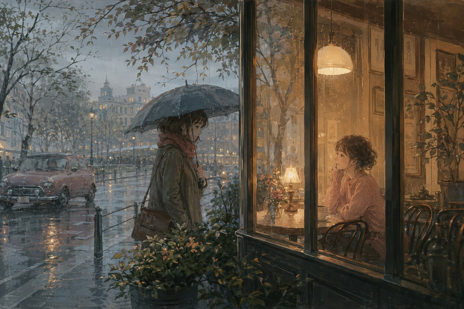 雨の街と暖かなカフェ越しに心のつながりを描いたイラスト