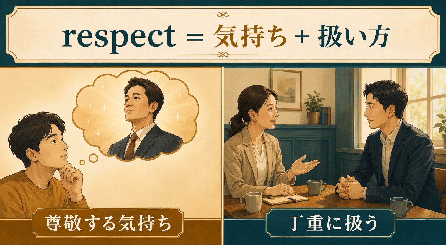 respectが尊敬する気持ちと相手を丁重に扱う行動の両方を表す図