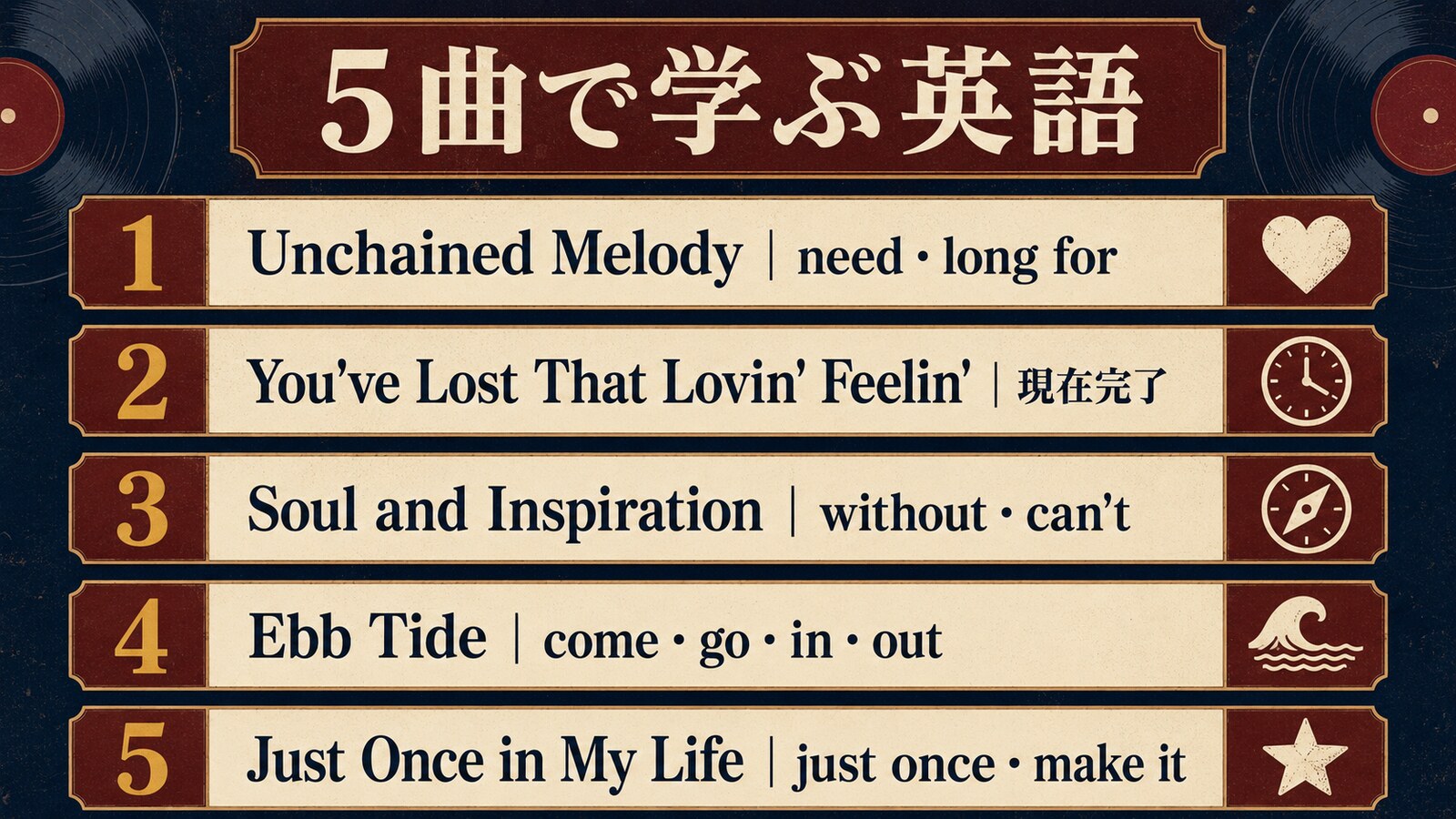 ライチャス・ブラザーズの5曲で学ぶ英語表現の一覧