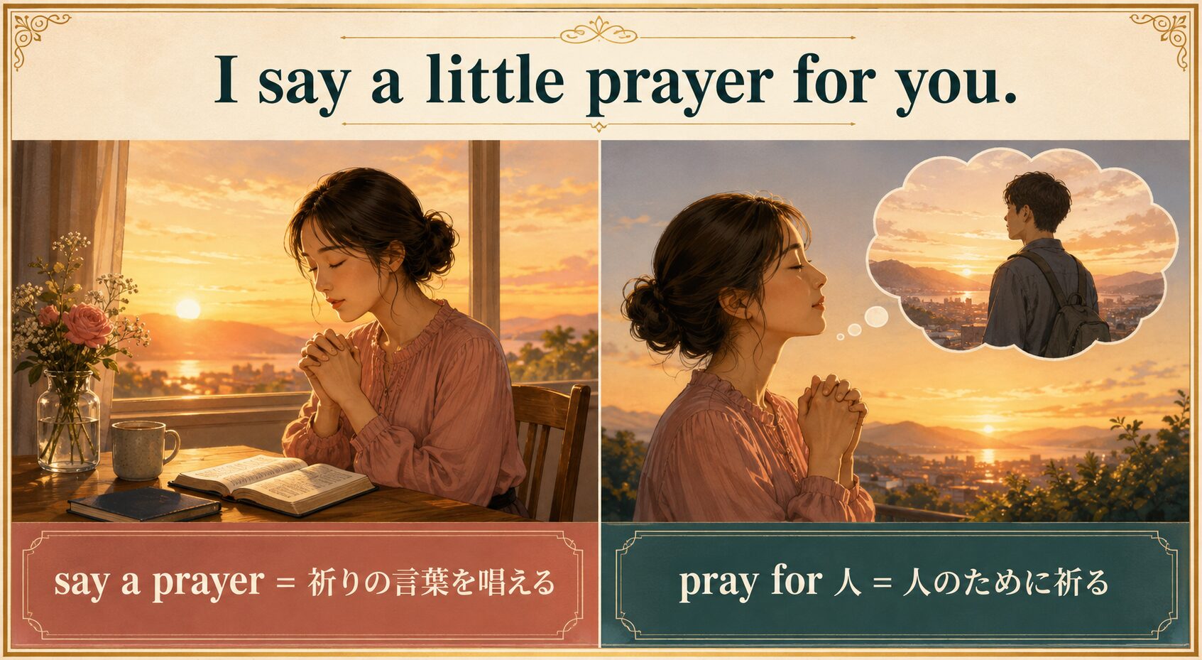 say a prayerは祈りの言葉を唱える、pray forは人のために祈るという違いの図