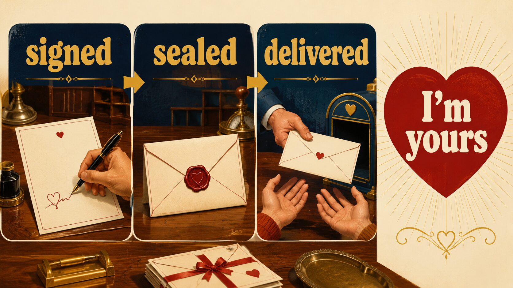signed sealed deliveredが署名済み封済み配達済みを表す英語学習イラスト
