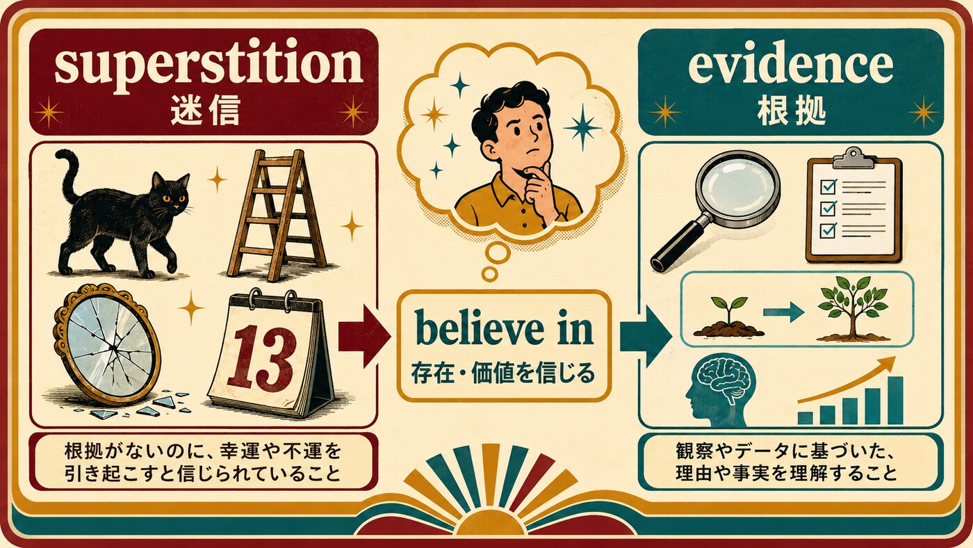 superstitionとbelieve inとevidenceの関係を説明する英語学習イラスト