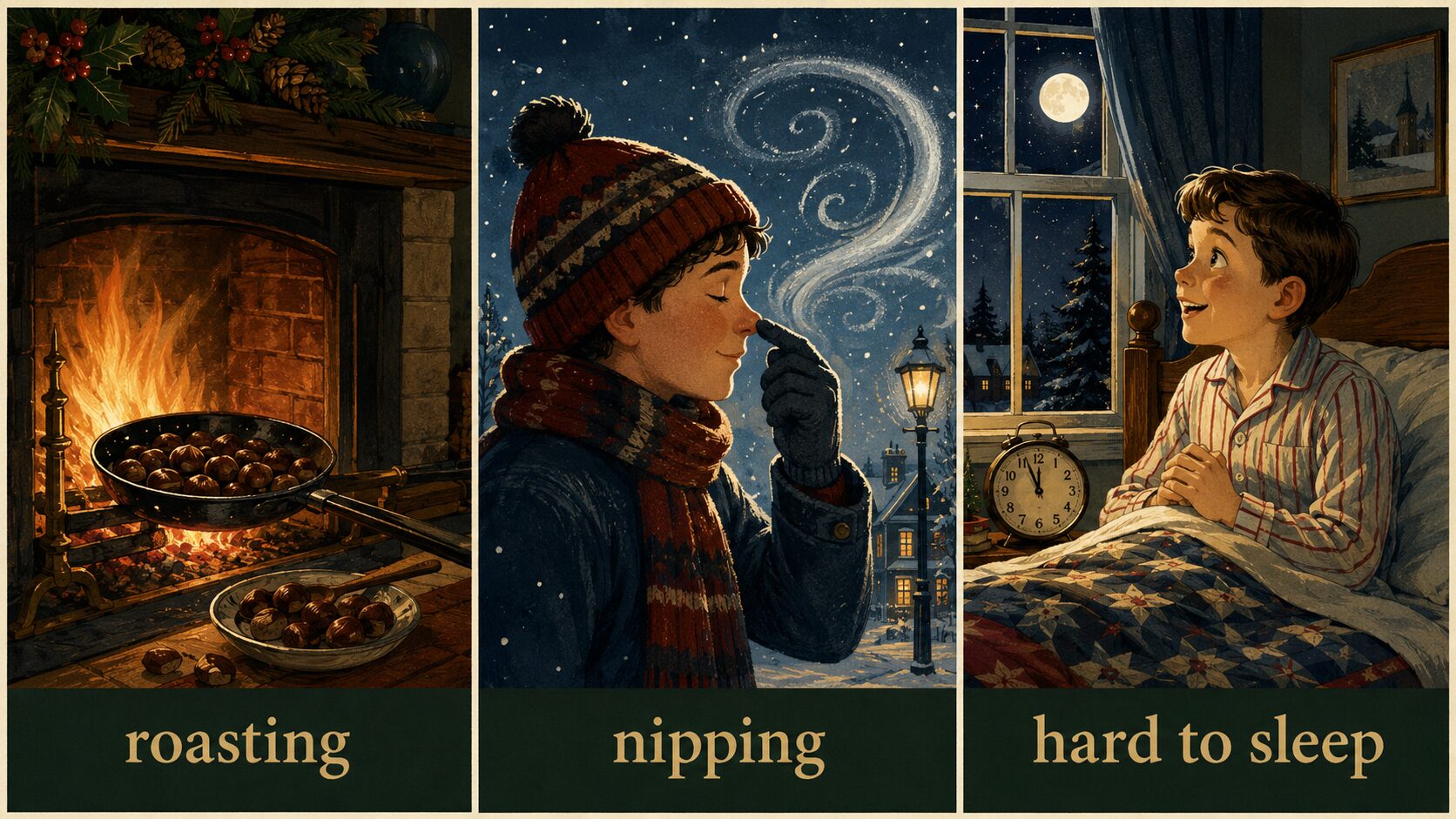 暖炉で焼くroasting、寒さのnipping、眠れないhard to sleepを表すイラスト