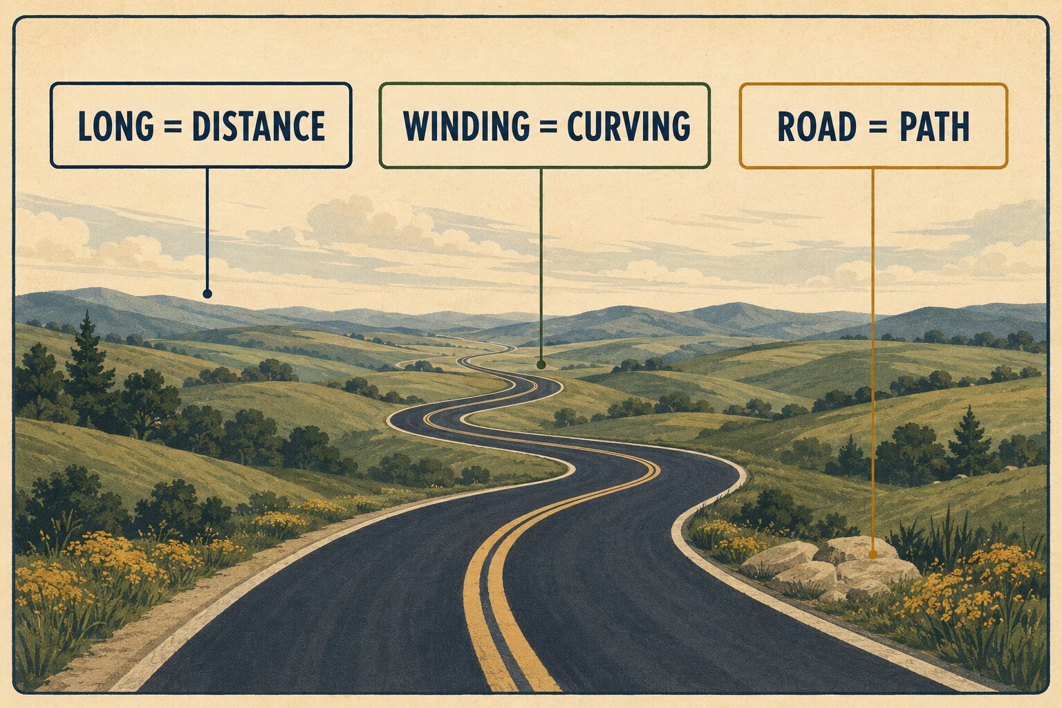 longは長い距離、windingは曲がりくねる、roadは道を表す英語解説イラスト