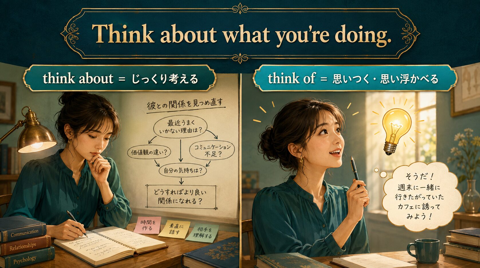think aboutはじっくり考える、think ofは思いつく・思い浮かべるという違いの図