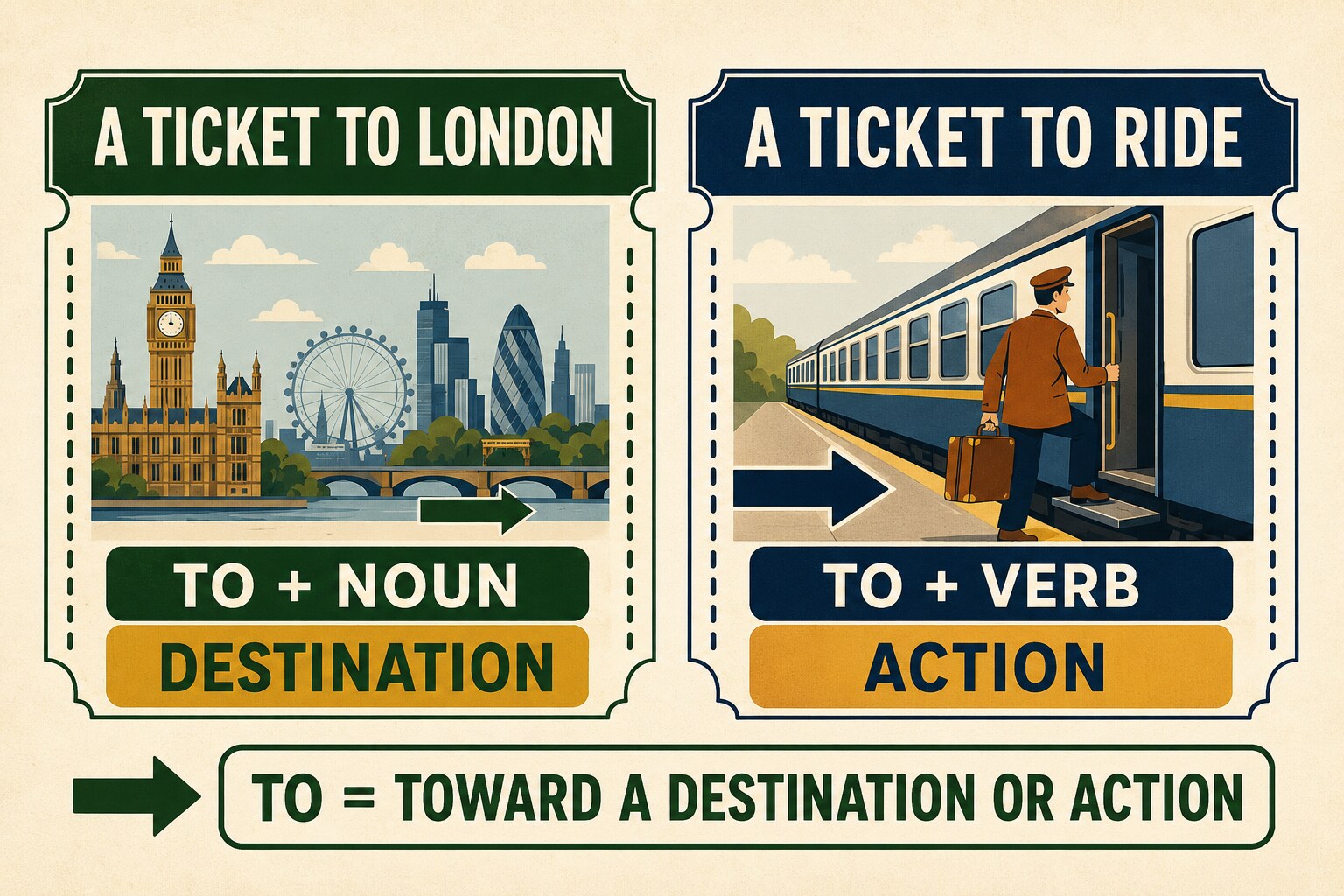 ticket to Londonとticket to rideで前置詞toとto不定詞を比較した英語学習図