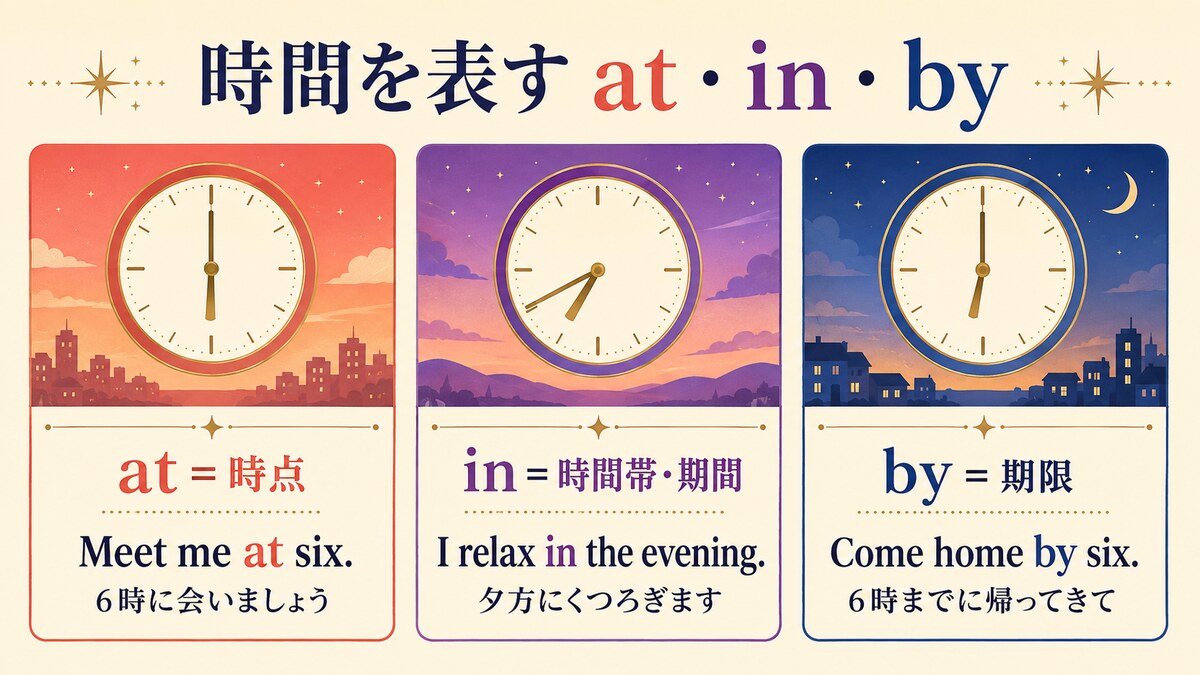 時間の前置詞at、in、byの使い分け