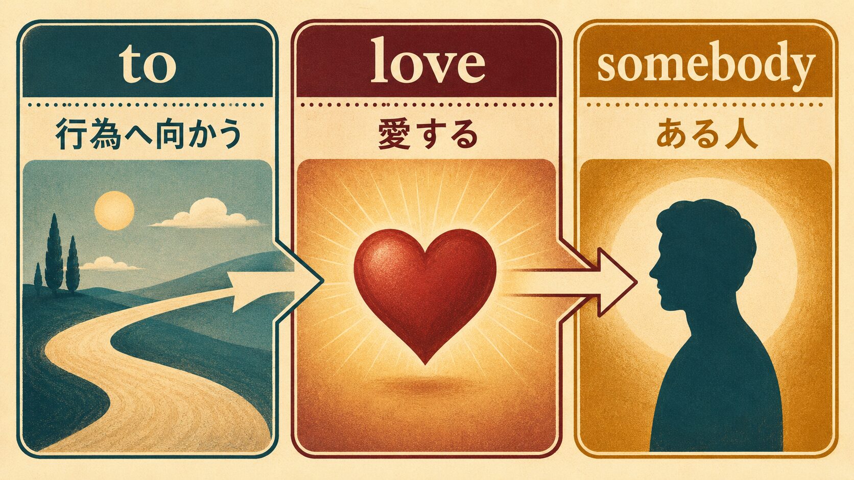 toは行為へ向かいloveは愛する、somebodyはある人を表す英語学習イラスト
