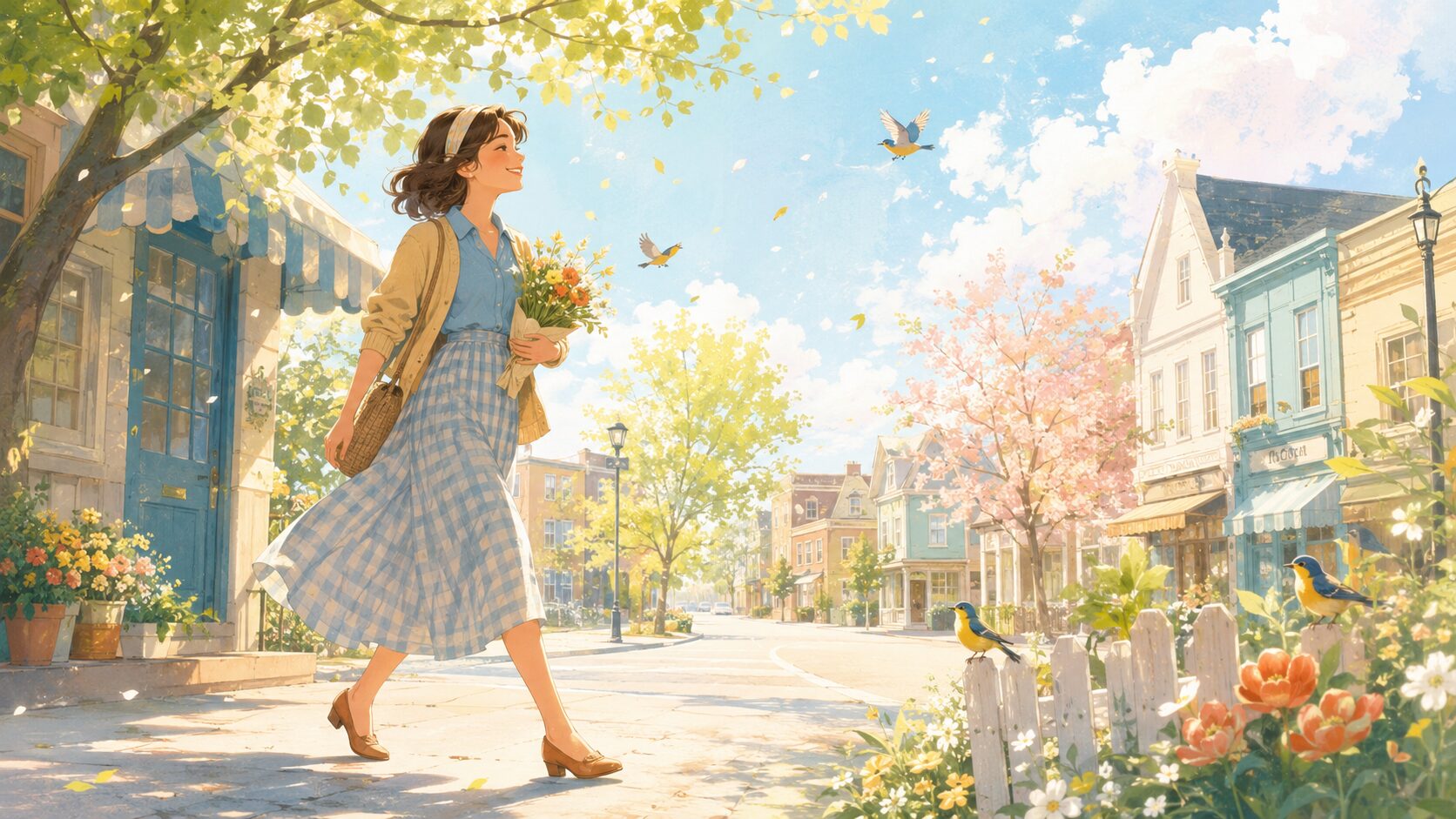 幸せな気持ちで春の街を歩く女性と明るく輝く日常のイラスト