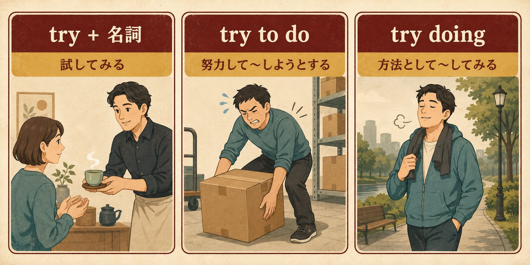 try+名詞、try to do、try doingの意味の違いを3場面で示す英語学習イラスト
