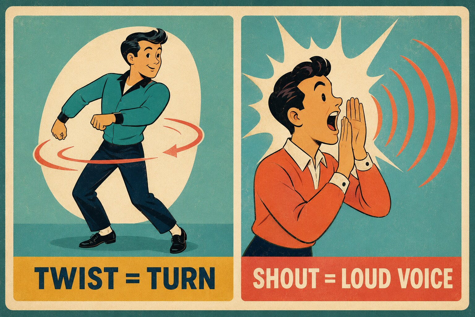 twistは体をひねる、shoutは大声を出すという意味を表すイラスト