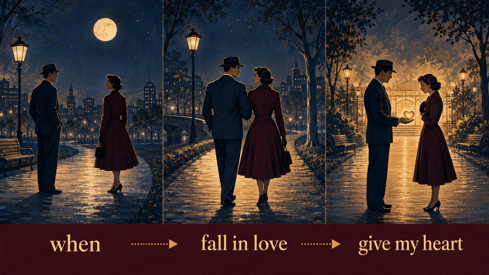 whenからfall in loveを経てgive my heartへ進む英語表現のイラスト