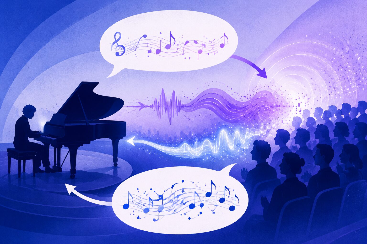 呼びかけと応答が音の波として往復するコールアンドレスポンスの学習イラスト