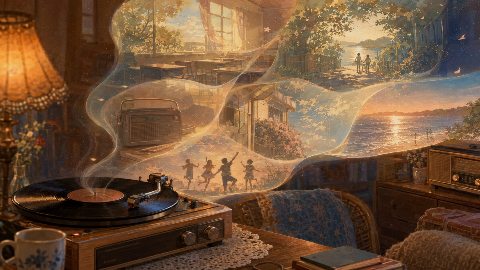 レコードから学生時代や夏の日の記憶が浮かび上がるイラスト