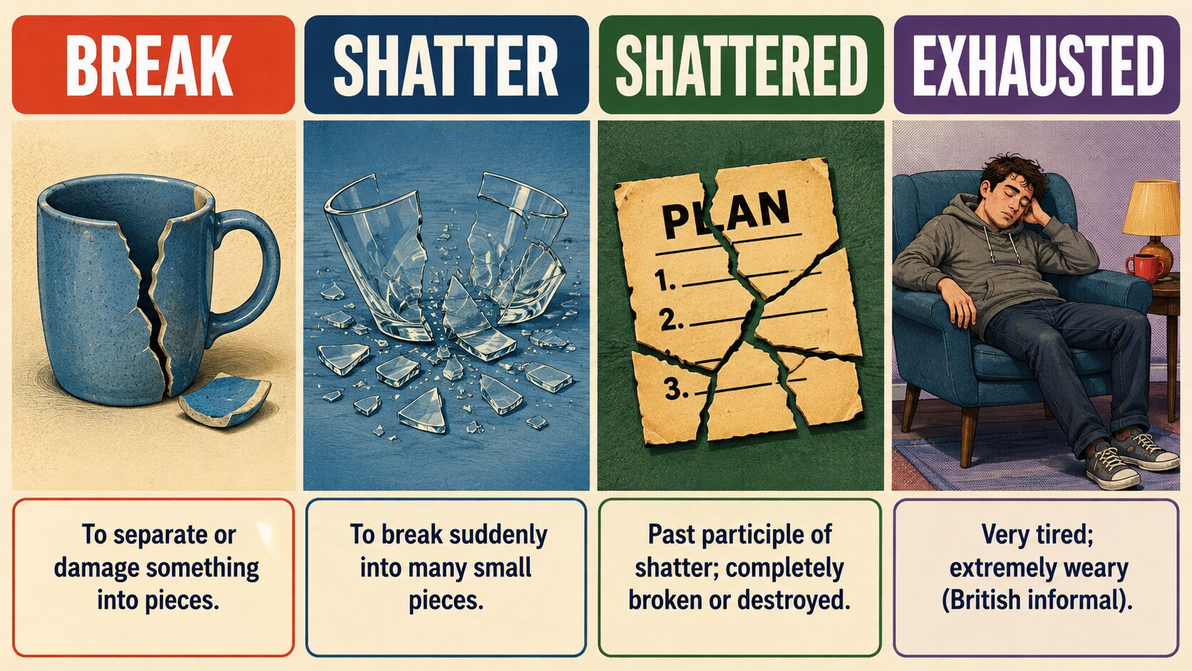 break・shatter・shattered・exhaustedの違い