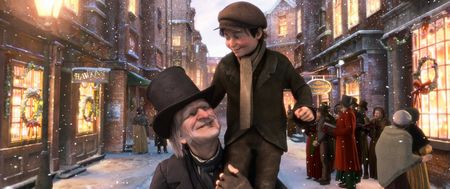 Scrooge (JIM CARREY) left, TINY TIM (Gary Oldman), right