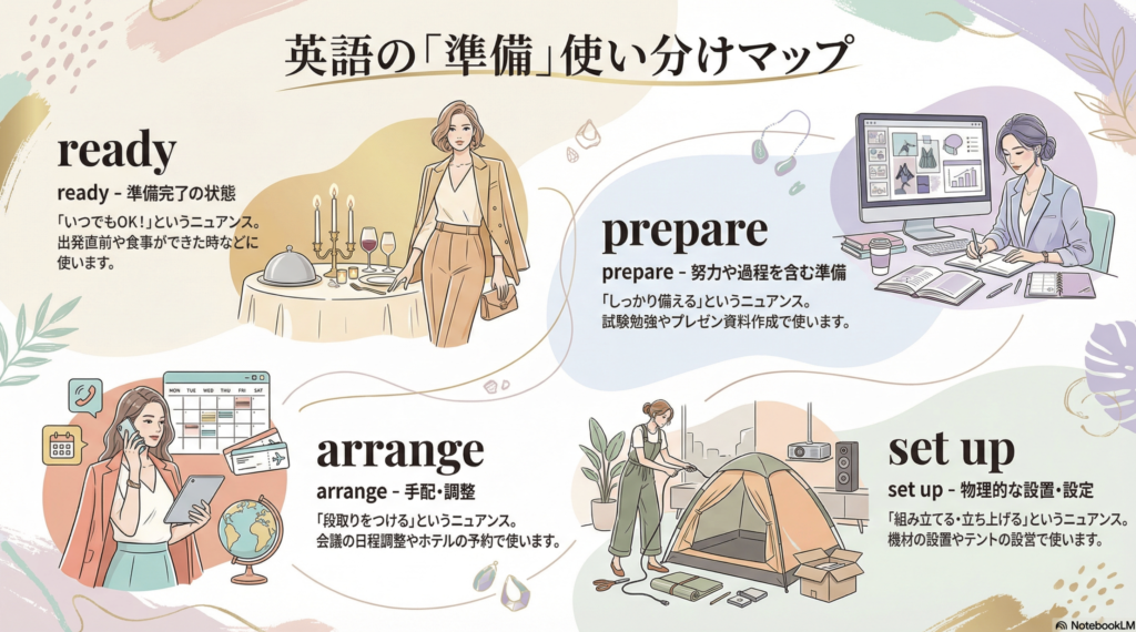 英語の「準備・用意」使い分け完全ガイド！ready・prepare・arrangeの違いと正しい場面