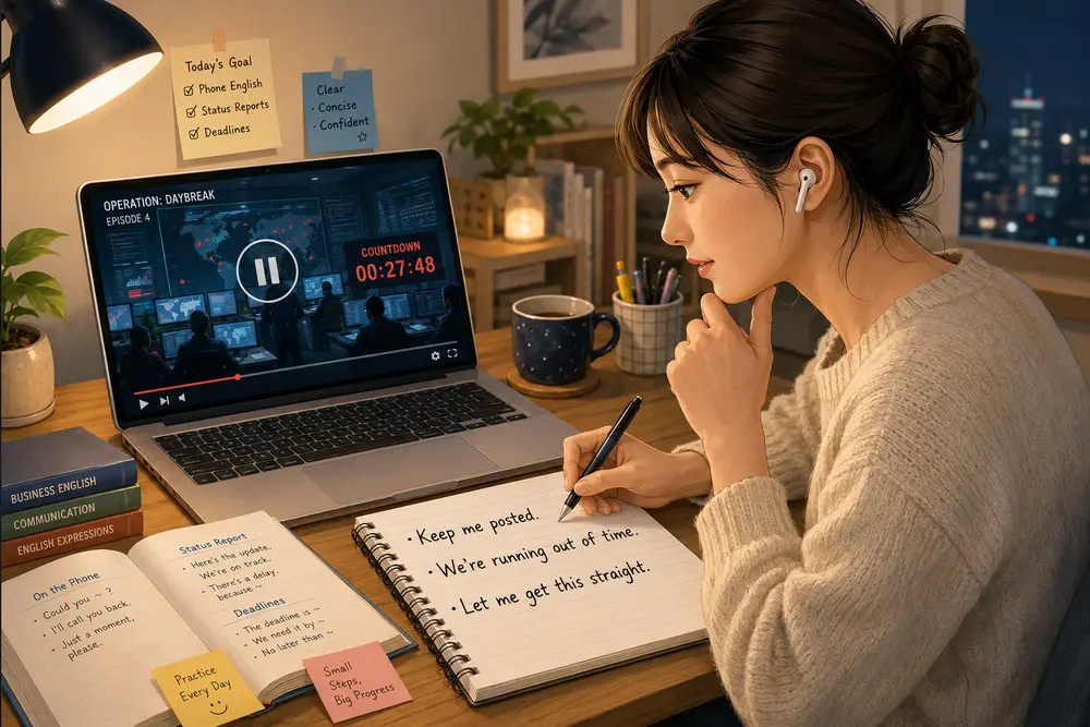 『24』の電話・状況報告・期限の英語を学ぶ女性